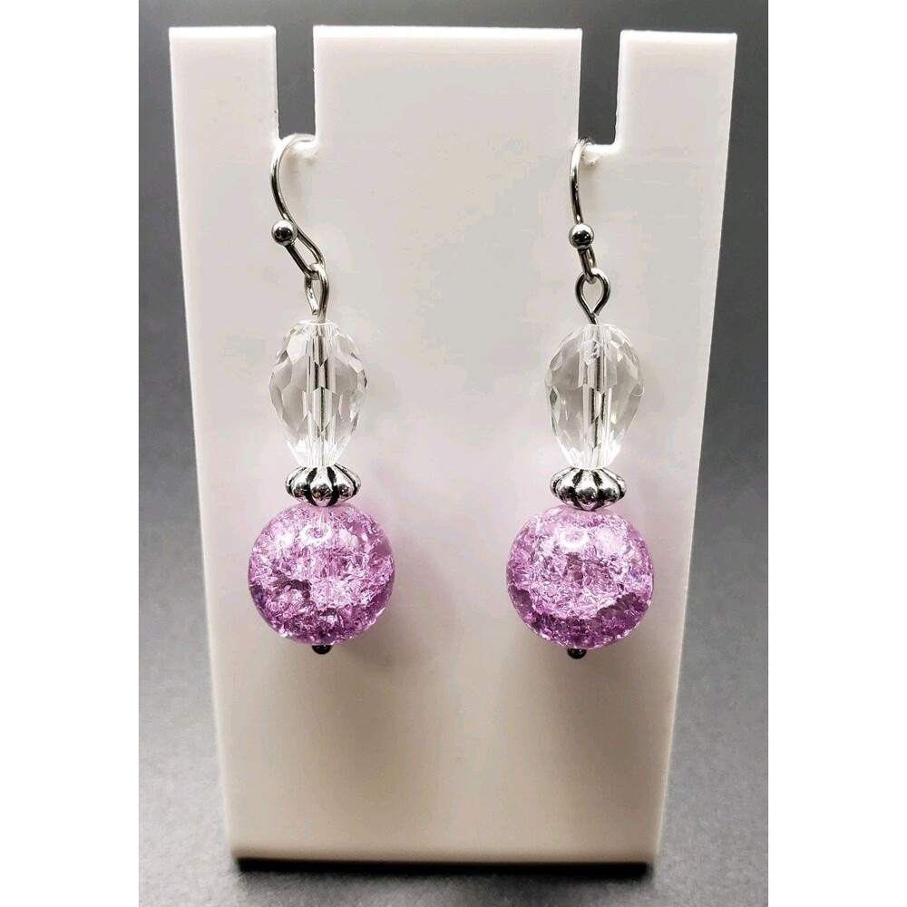 Dangle/Drop/ Clear, Pink , & Silver~ Ceramic~ Glass~ Handcrafted Beaded Earrings